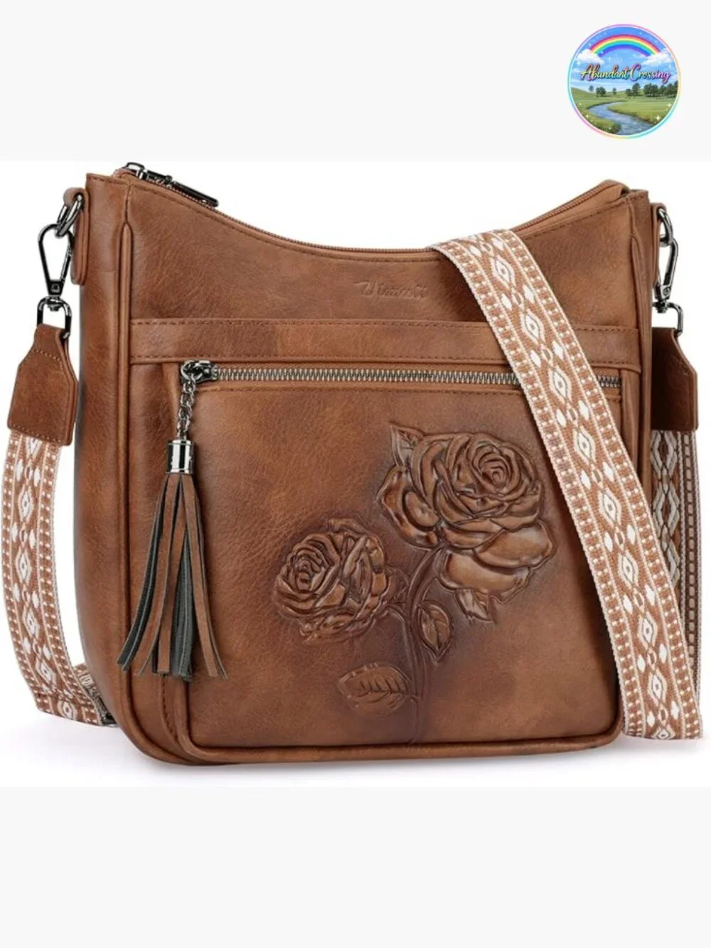 Trendy Vegan Leather Hobo Crossbody Bag with Embossed Floral Rabbit Pattern